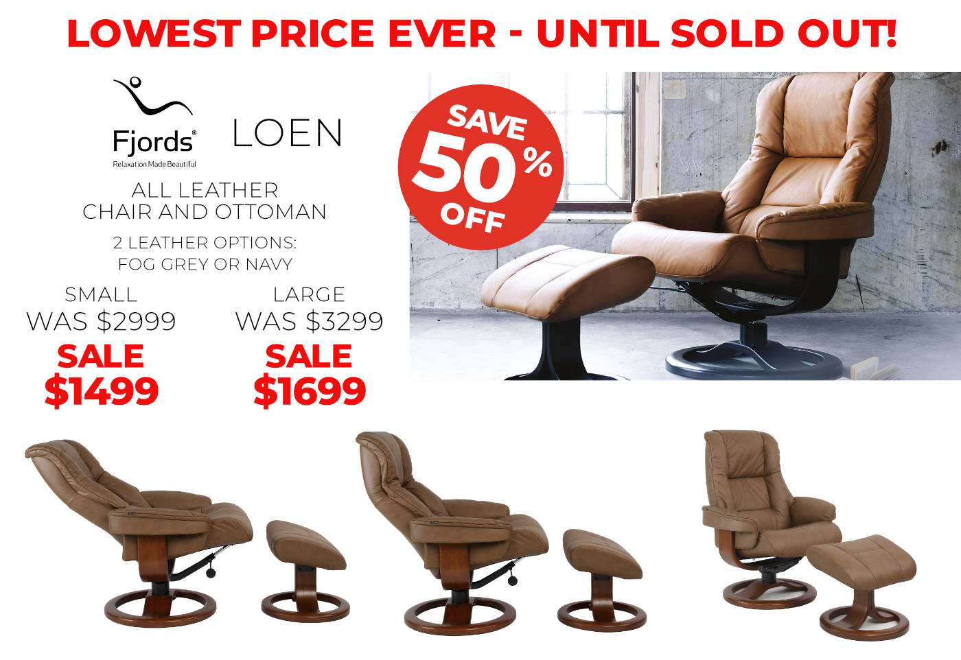 Fjords Loen Leather recliner and ottoman - On lowest price ever - while stock remains