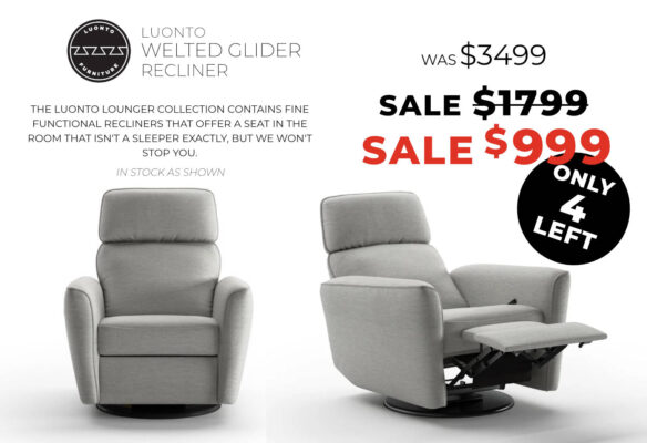 Luonto Welted glider recliner on sale, gray fabric, limited stock