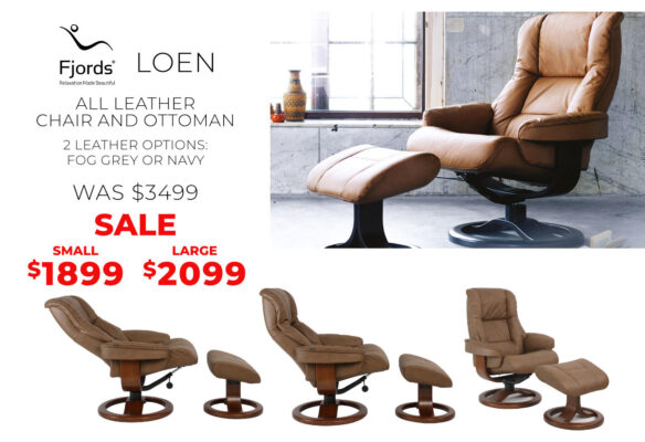 Fjords Loen leather chairs and ottoman on sale. was $3999 now only $1899 for a Small and $2099 for a Large