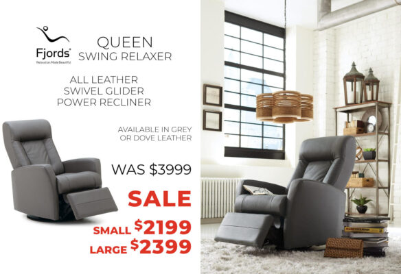 Fjords Queen - Swing Relaxer, Power Leather swivel glider Recliner. Was $3999. Now small $2199 and large $2399